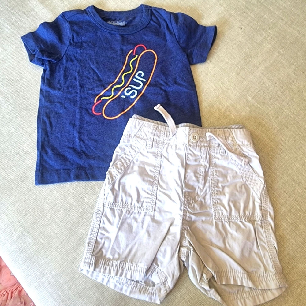 Oshkosh 18-24 month Hotdog Short Sleeve Tee & Khaki Pull-on Shorts outfit